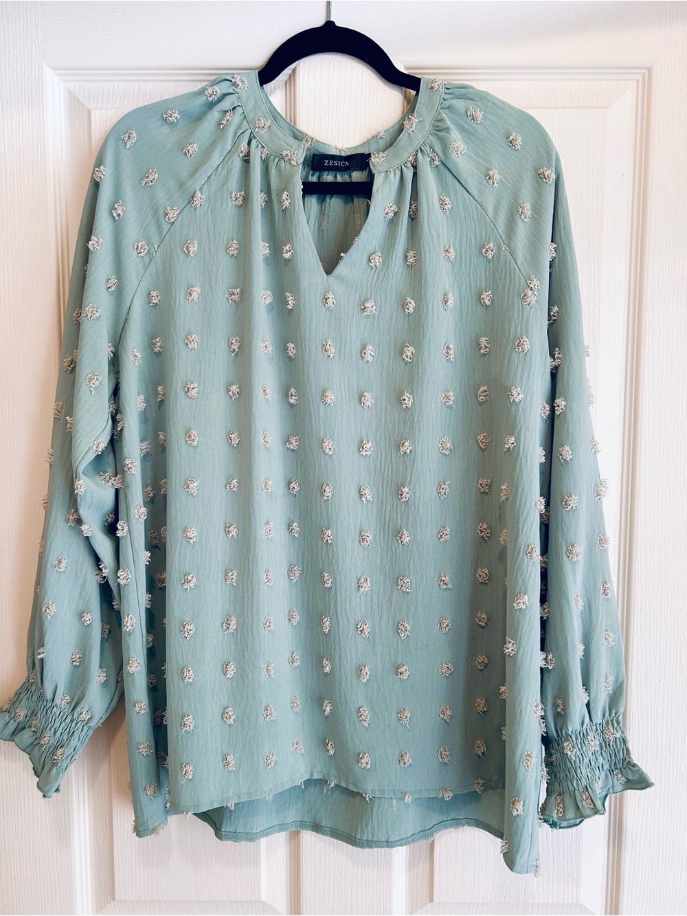 Zesica Sage Green Dot-Textured Long Sleeve Blouse